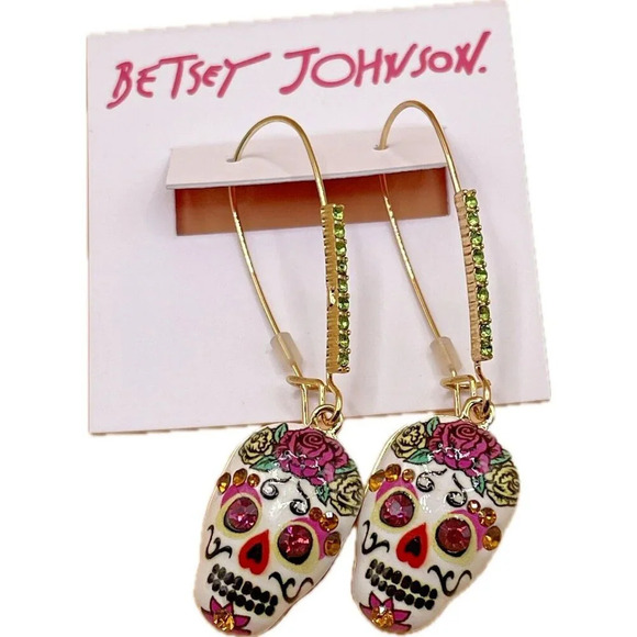 Betsey Johnson Gold Chain White-Pink Sugar Skull Pendant & Matching Earrings Set - Picture 4 of 4
